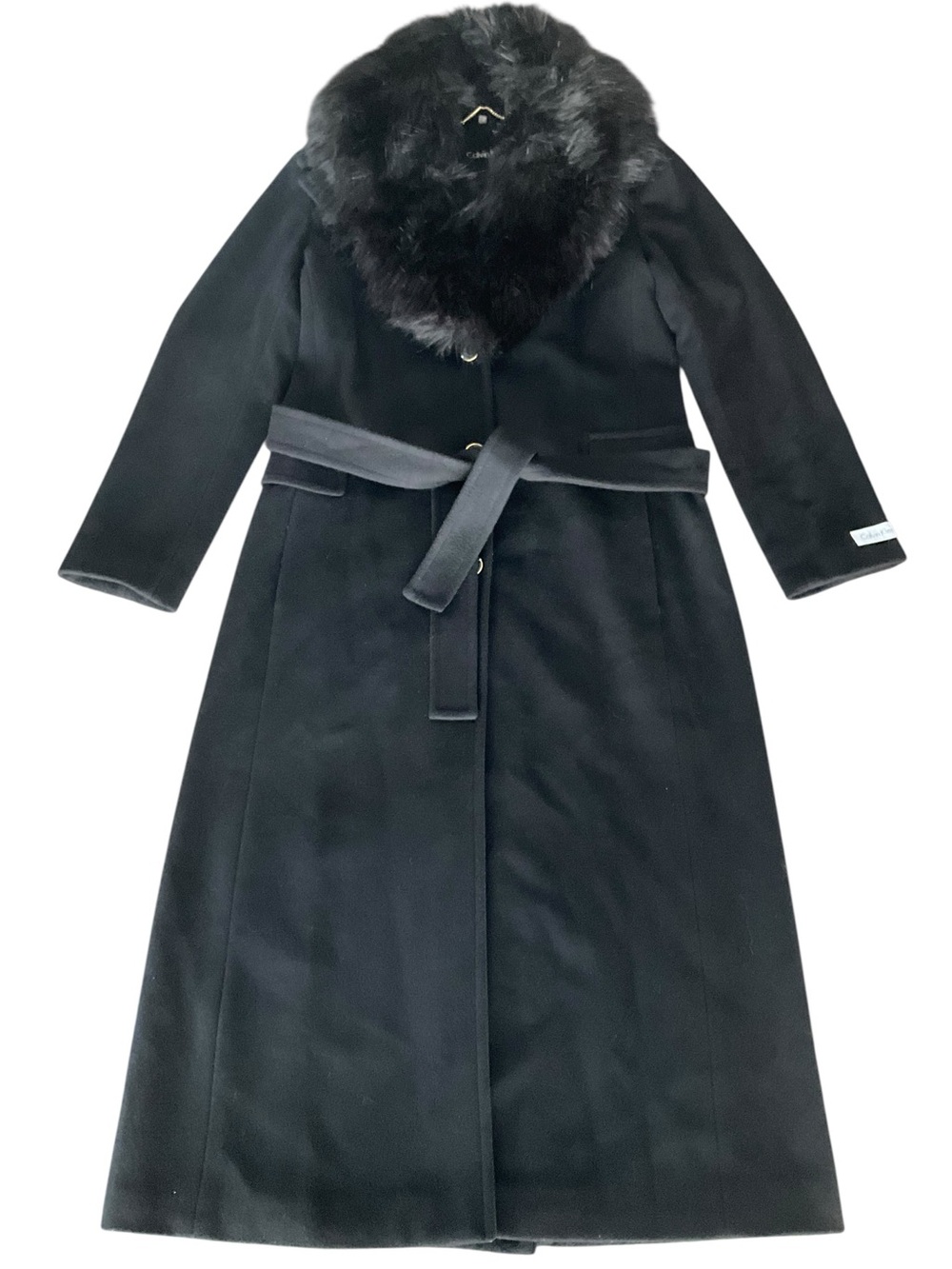 Calvin Klein Women’s Black Long Trench Coat Fur Collar Wool Blend Black Sz 6 EUC
